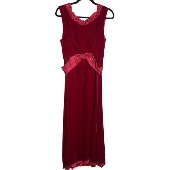 Vintage 50s 60s Deep Red Velvet Holiday Long Party Dress Satin Ruffle Ribbon Bow - Picture 1 of 3